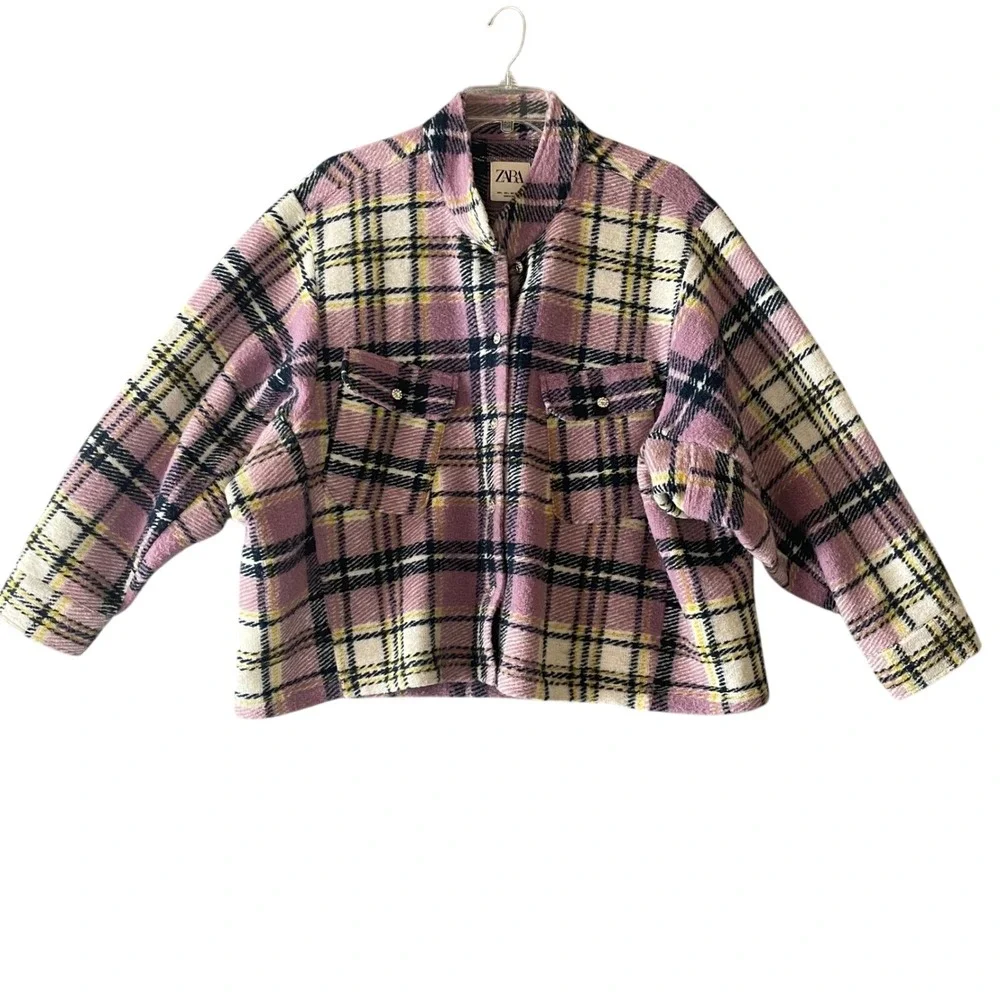 Zara Womens‎ Purple Plaid Knit Shacket Oversized Wool Blend Shirt Jacket Large